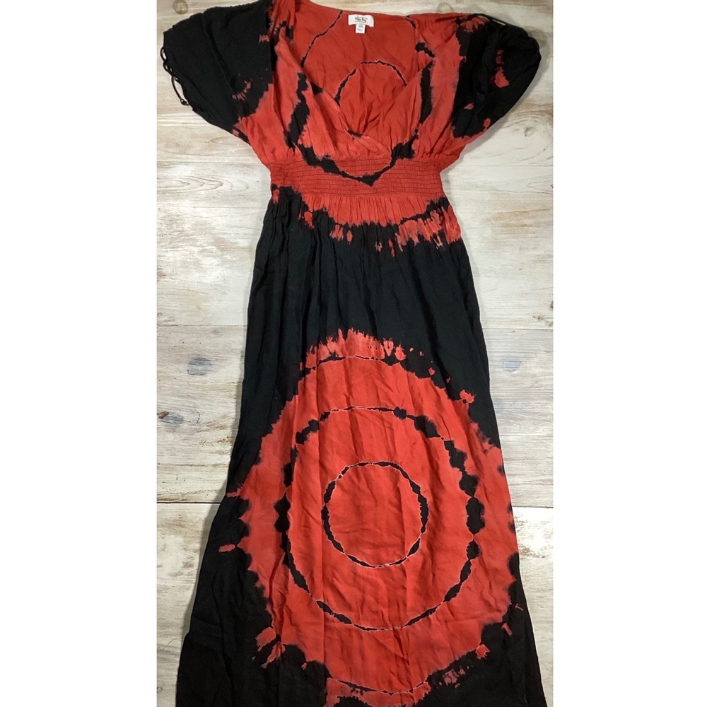Myra Bag Womens Red Black Tie Dye Maxi Dress Smocked Waist Viscose Size M Boho